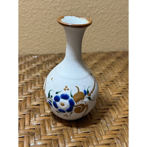 Mexican Tonala Bud Vase Signed Folk Art Hand Painted Flower Sandstone - Picture 3 of 13